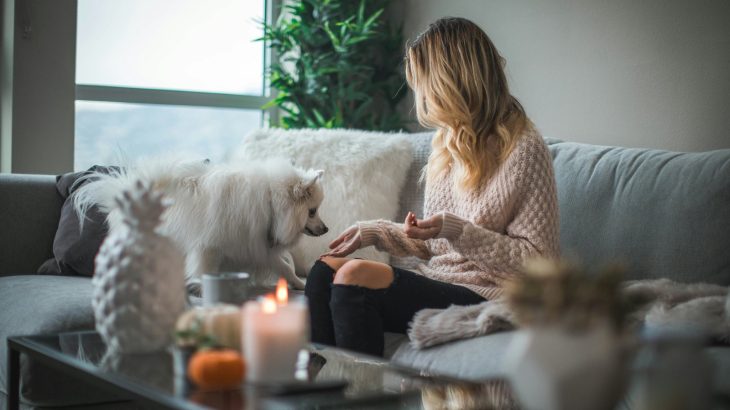 Woman relaxing on a sofa with a small white dog in a cosy autumn setting